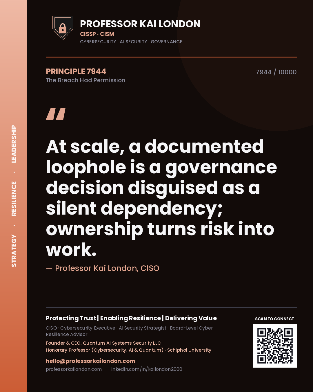 Quote card by Professor Kai London reading 'At scale, a documented loophole is a governance decision disguised as a silent dependency; ownership turns risk into work.'. From the book The Breach Had Permission.
