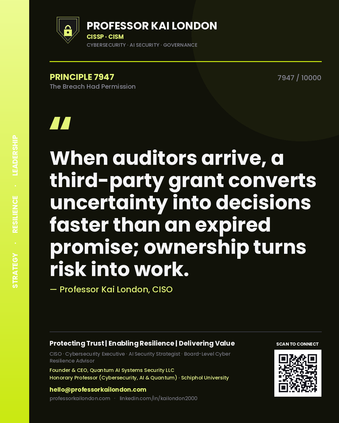 Professor Kai London principle 7947: When auditors arrive, a third-party grant converts uncertainty into decisions faster than an expired promise; ownership turns risk into work.