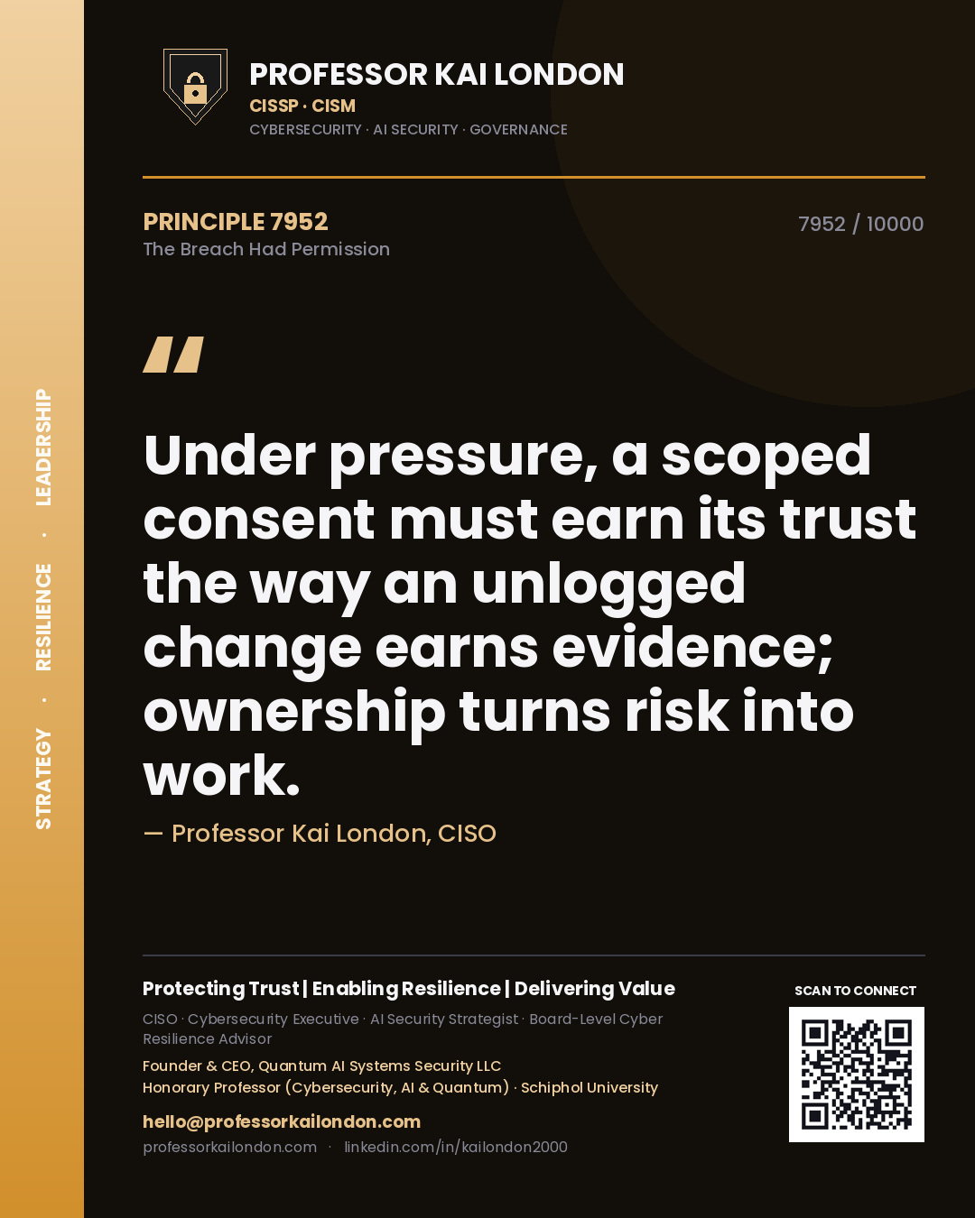 Quote card by Professor Kai London reading 'Under pressure, a scoped consent must earn its trust the way an unlogged change earns evidence; ownership turns risk into work.'. From the book The Breach Had Permission.
