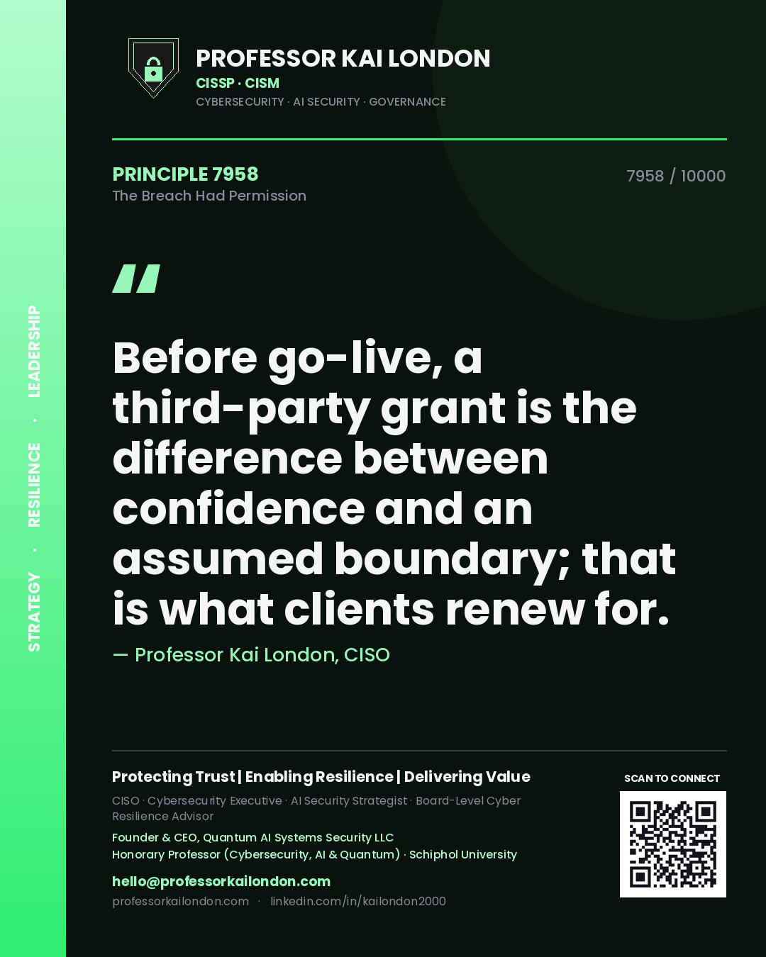 Quote card by Professor Kai London reading 'Before go-live, a third-party grant is the difference between confidence and an assumed boundary; that is what clients renew for.'. From the book The Breach Had Permission.