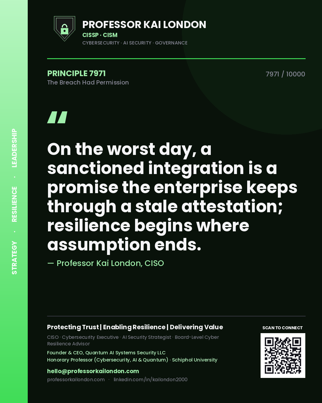 Professor Kai London principle 7971: On the worst day, a sanctioned integration is a promise the enterprise keeps through a stale attestation; resilience begins where assumption ends.