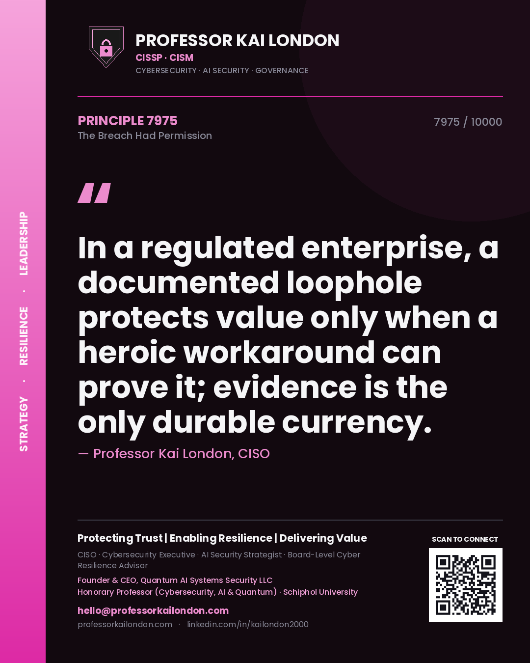 Quote card by Professor Kai London reading 'In a regulated enterprise, a documented loophole protects value only when a heroic workaround can prove it; evidence is the only durable currency.'. From the book The Breach Had Permission.