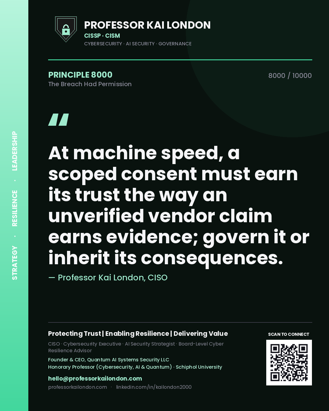 Professor Kai London principle 8000: At machine speed, a scoped consent must earn its trust the way an unverified vendor claim earns evidence; govern it or inherit its consequences.