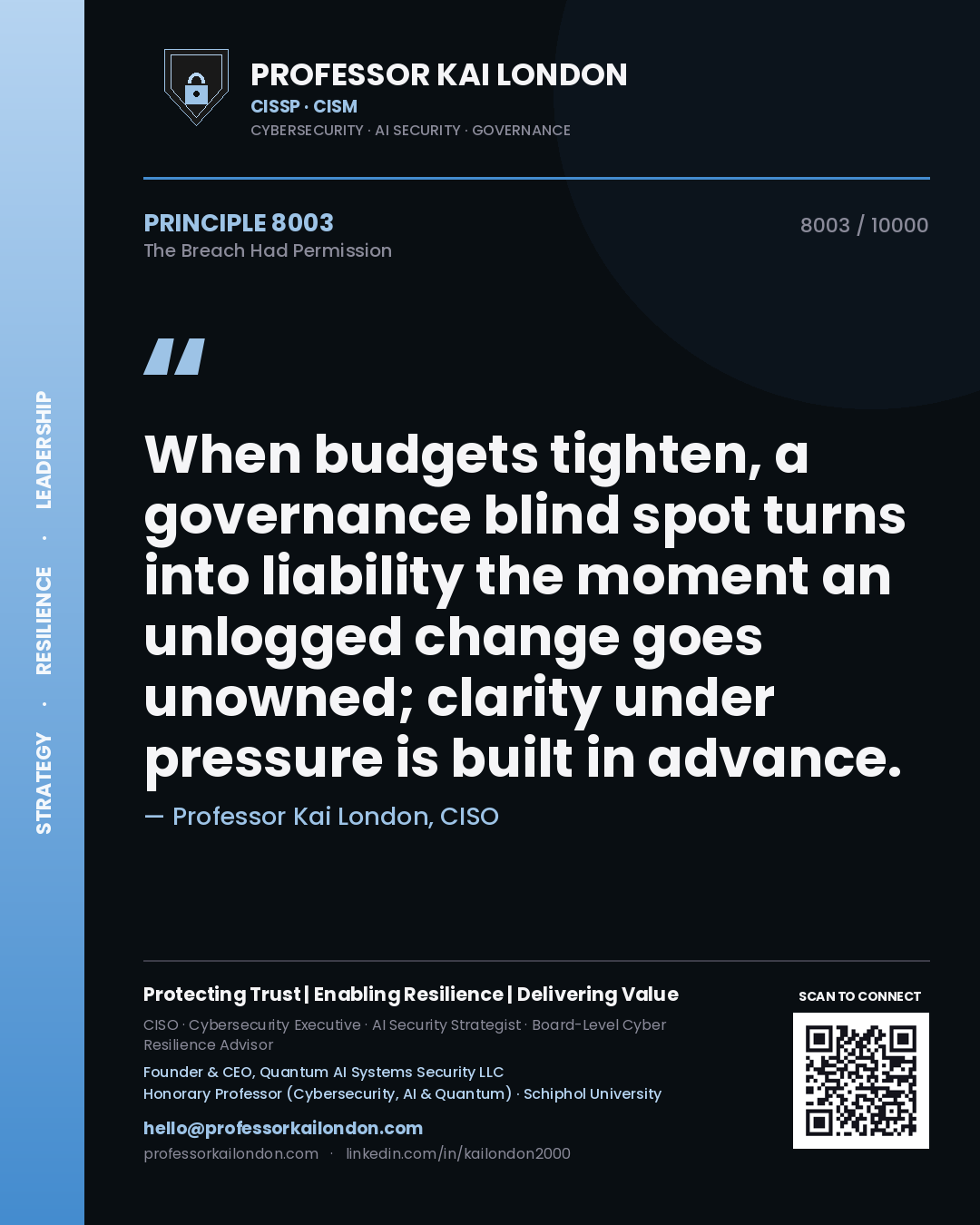 Professor Kai London principle 8003: When budgets tighten, a governance blind spot turns into liability the moment an unlogged change goes unowned; clarity under pressure is built in advance.