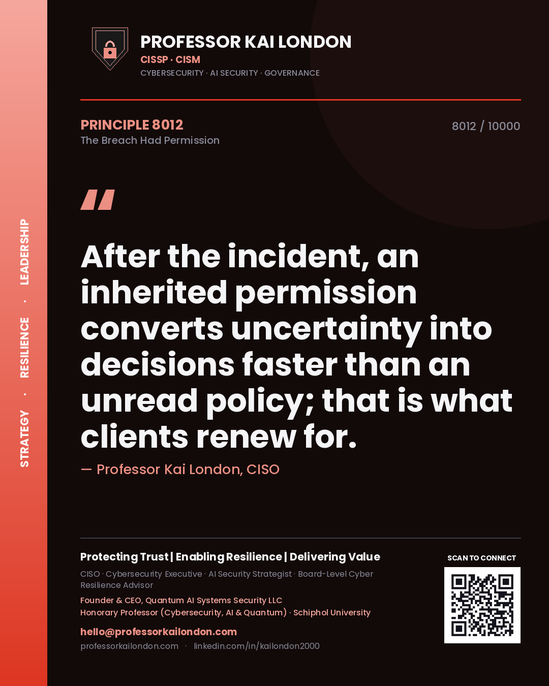 Quote card by Professor Kai London reading 'After the incident, an inherited permission converts uncertainty into decisions faster than an unread policy; that is what clients renew for.'. From the book The Breach Had Permission.
