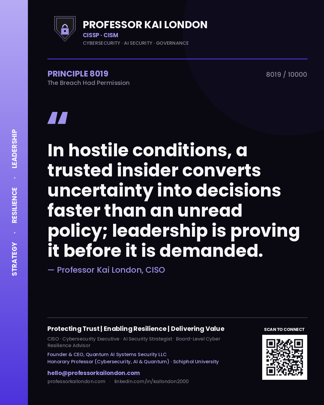 Quote card by Professor Kai London reading 'In hostile conditions, a trusted insider converts uncertainty into decisions faster than an unread policy; leadership is proving it before it is demanded.'. From the book The Breach Had Permission.