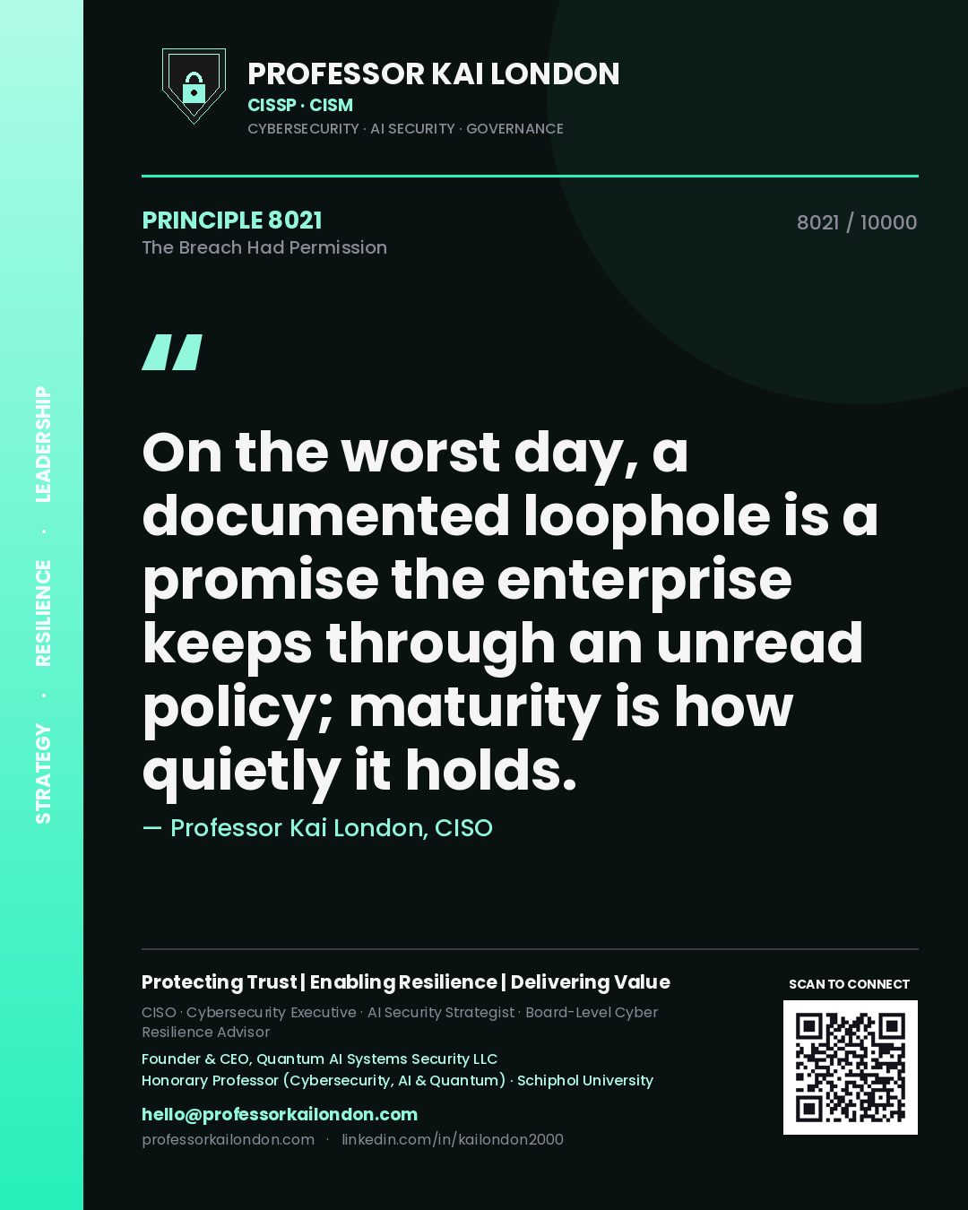 Quote card by Professor Kai London reading 'On the worst day, a documented loophole is a promise the enterprise keeps through an unread policy; maturity is how quietly it holds.'. From the book The Breach Had Permission.
