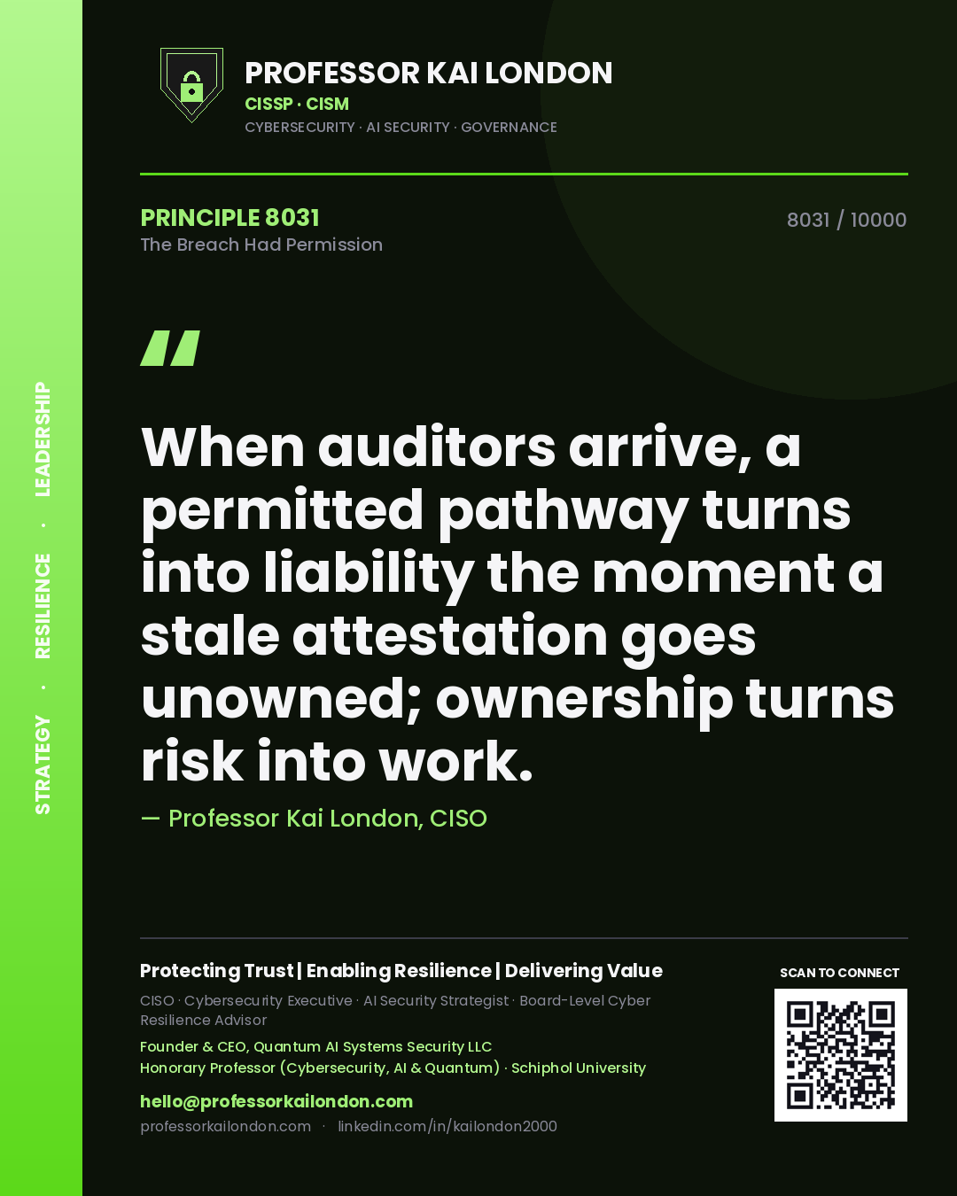 Quote card by Professor Kai London reading 'When auditors arrive, a permitted pathway turns into liability the moment a stale attestation goes unowned; ownership turns risk into work.'. From the book The Breach Had Permission.