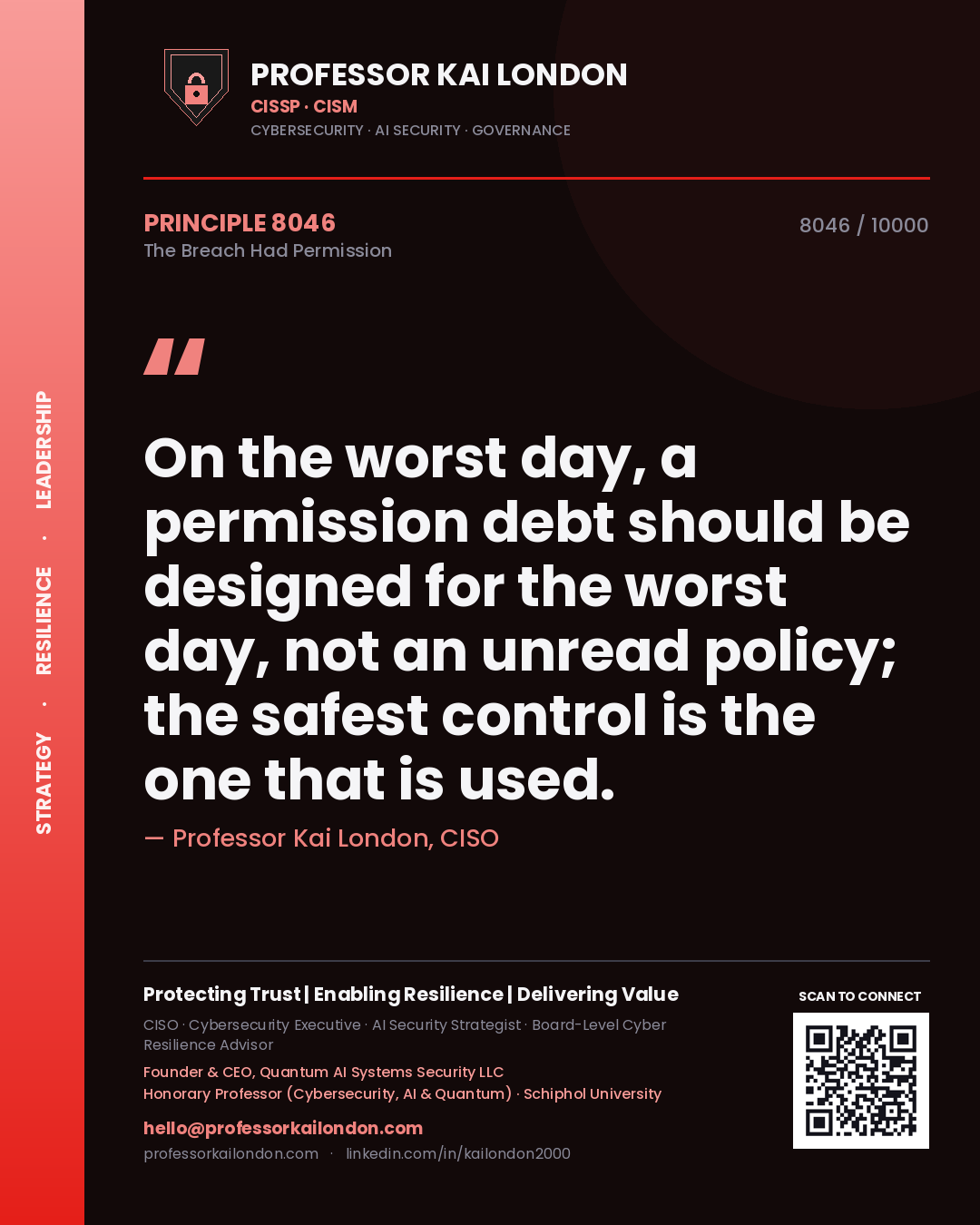 Quote card by Professor Kai London reading 'On the worst day, a permission debt should be designed for the worst day, not an unread policy; the safest control is the one that is used.'. From the book The Breach Had Permission.