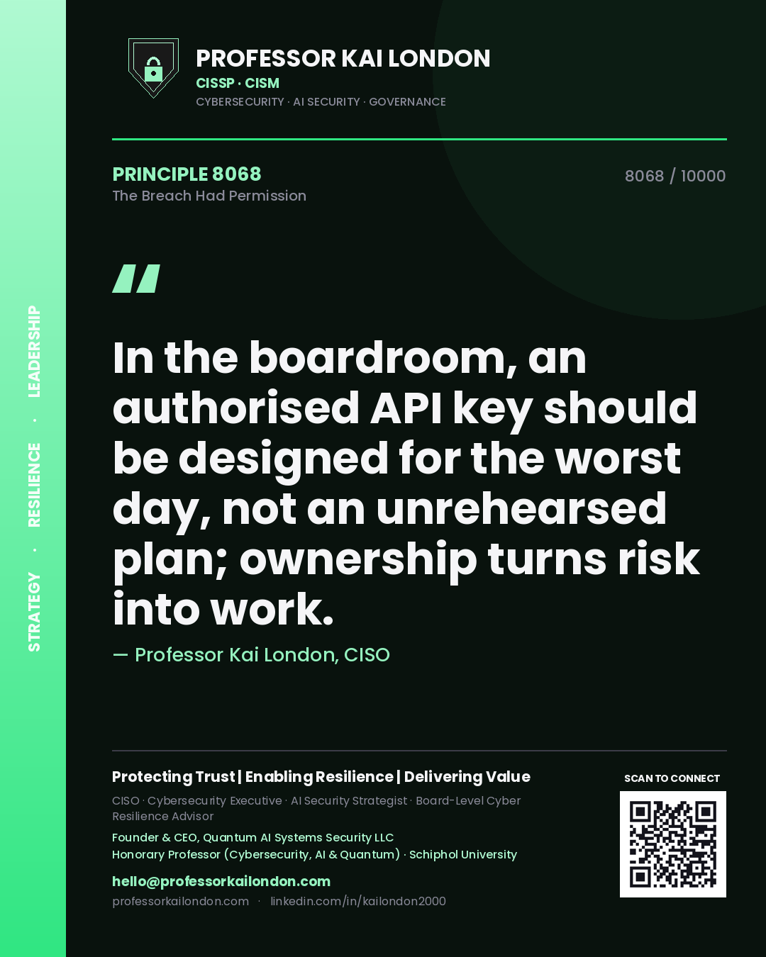 Professor Kai London principle 8068: In the boardroom, an authorised API key should be designed for the worst day, not an unrehearsed plan; ownership turns risk into work.