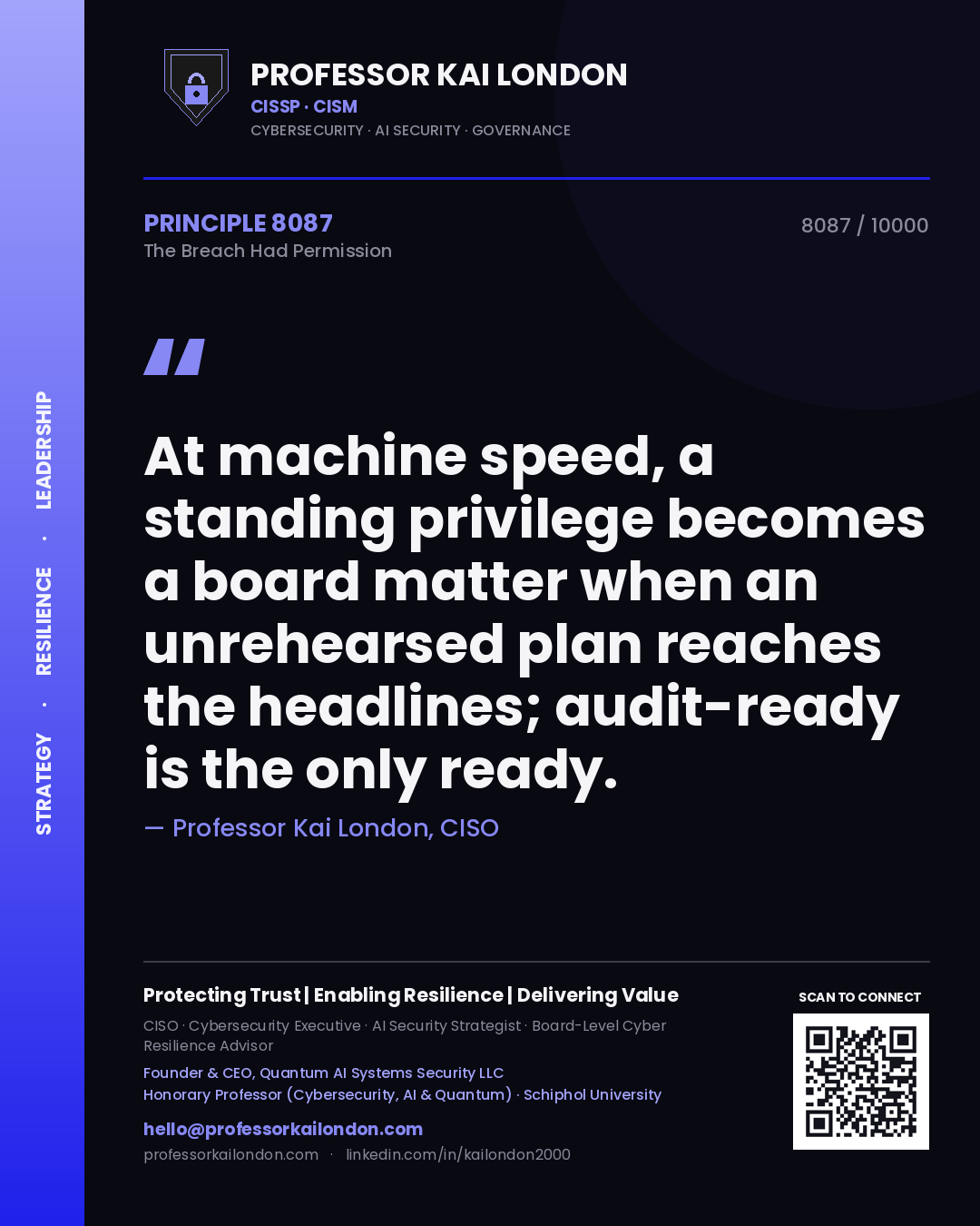 Professor Kai London principle 8087: At machine speed, a standing privilege becomes a board matter when an unrehearsed plan reaches the headlines; audit-ready is the only ready.