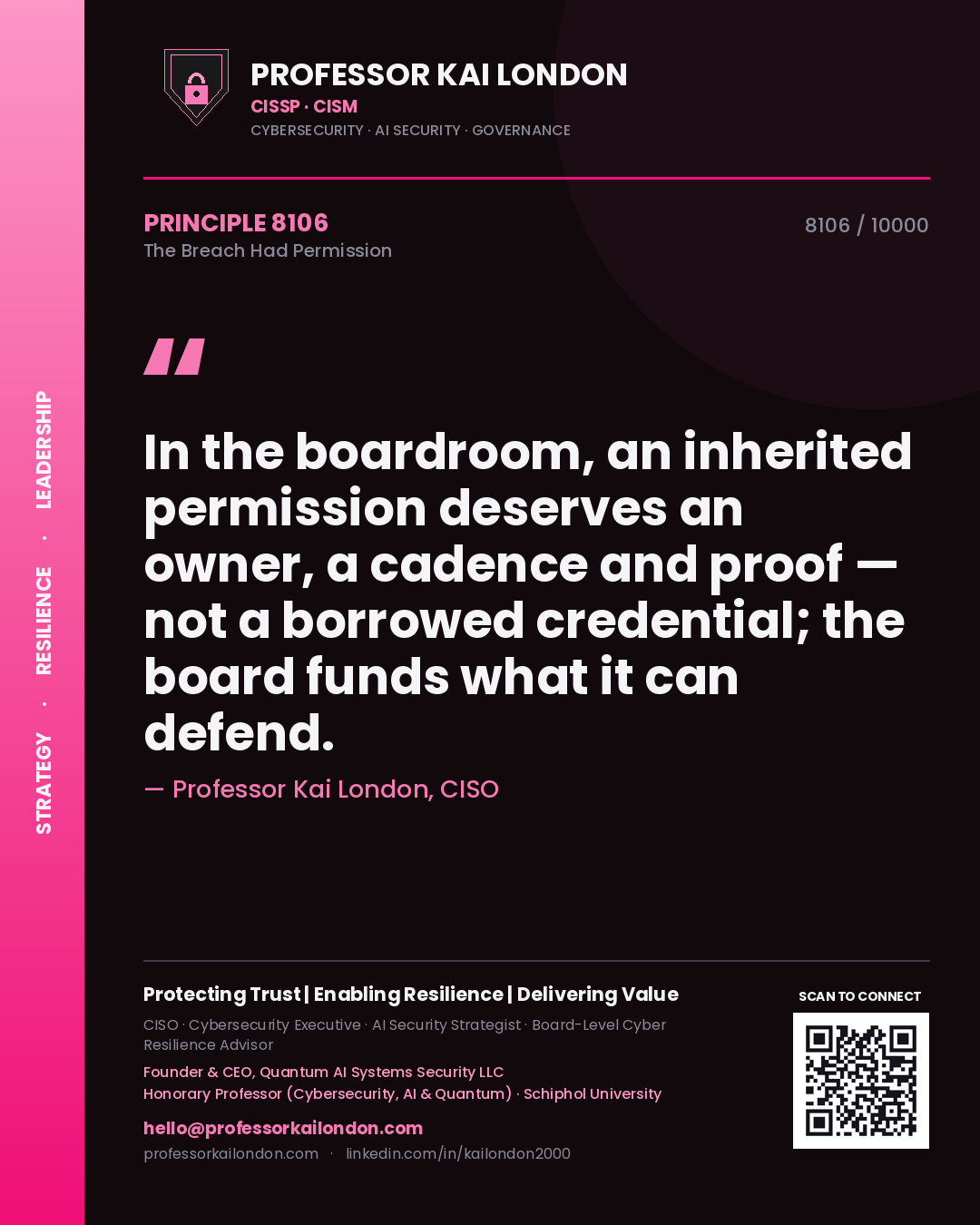 Professor Kai London principle 8106: In the boardroom, an inherited permission deserves an owner, a cadence and proof — not a borrowed credential; the board funds what it can defend.