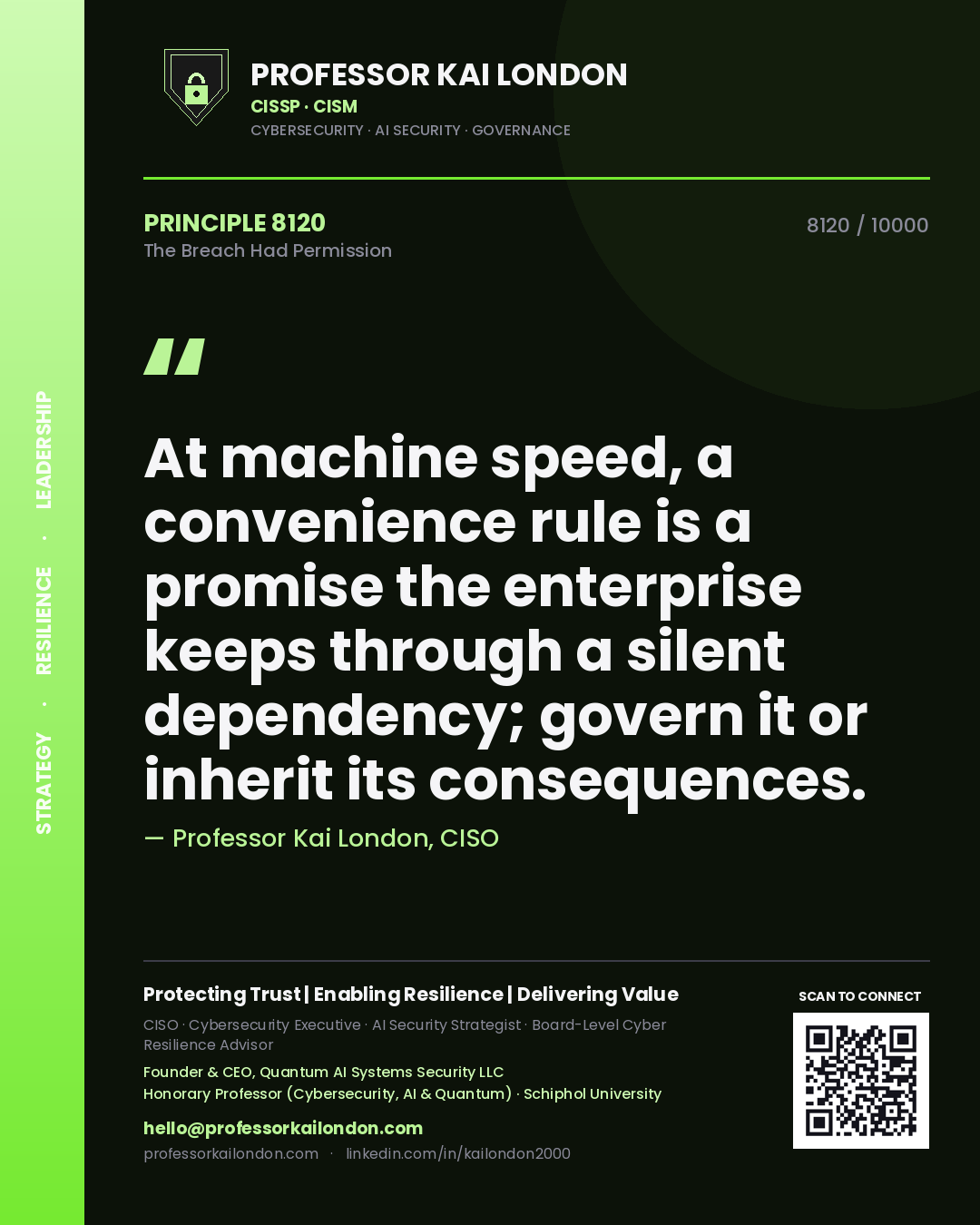 Professor Kai London principle 8120: At machine speed, a convenience rule is a promise the enterprise keeps through a silent dependency; govern it or inherit its consequences.