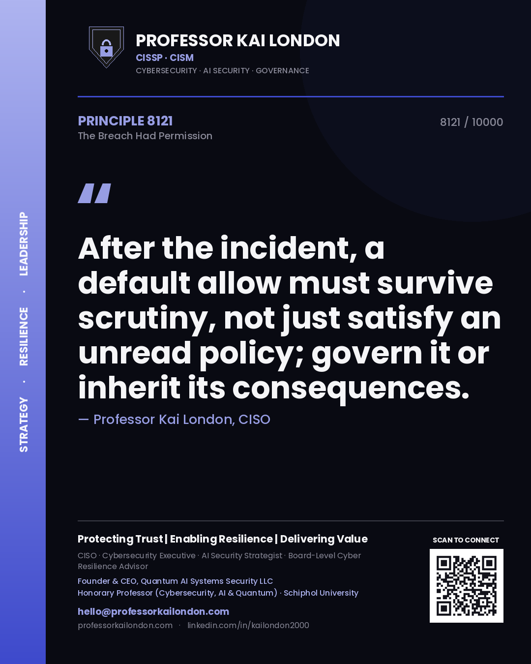 Quote card by Professor Kai London reading 'After the incident, a default allow must survive scrutiny, not just satisfy an unread policy; govern it or inherit its consequences.'. From the book The Breach Had Permission.