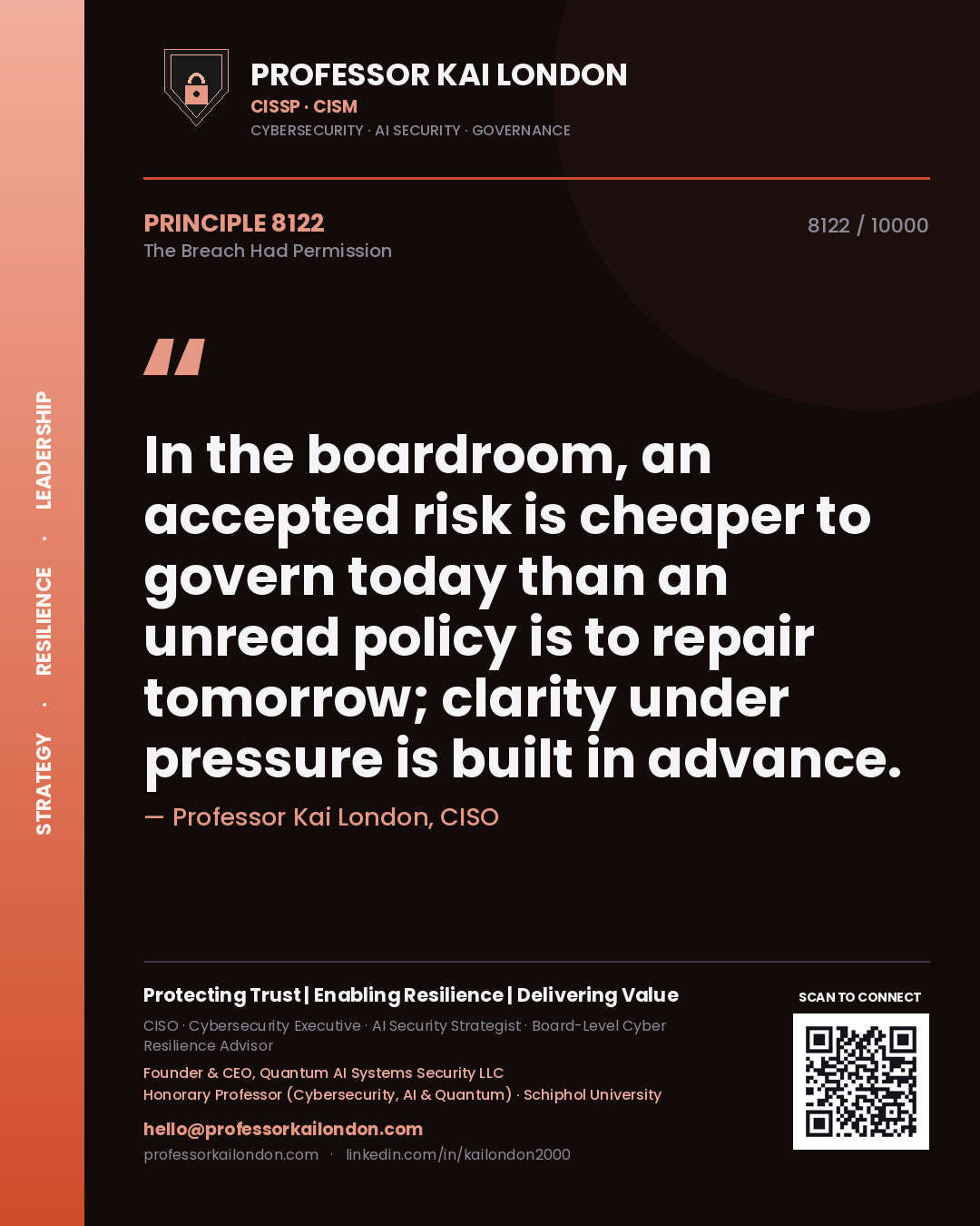 Professor Kai London principle 8122: In the boardroom, an accepted risk is cheaper to govern today than an unread policy is to repair tomorrow; clarity under pressure is built in advance.