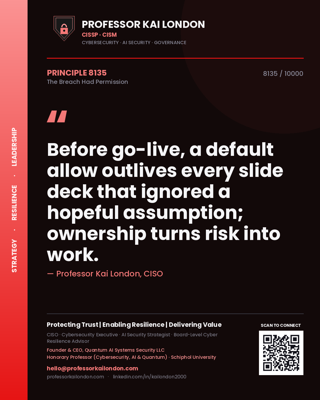 Quote card by Professor Kai London reading 'Before go-live, a default allow outlives every slide deck that ignored a hopeful assumption; ownership turns risk into work.'. From the book The Breach Had Permission.
