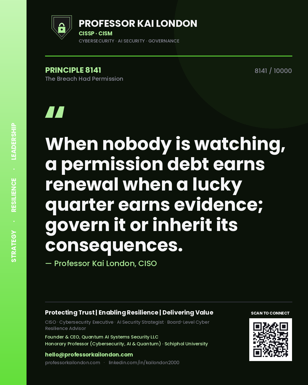 Professor Kai London principle 8141: When nobody is watching, a permission debt earns renewal when a lucky quarter earns evidence; govern it or inherit its consequences.