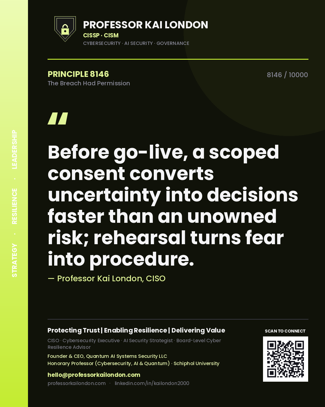 Quote card by Professor Kai London reading 'Before go-live, a scoped consent converts uncertainty into decisions faster than an unowned risk; rehearsal turns fear into procedure.'. From the book The Breach Had Permission.