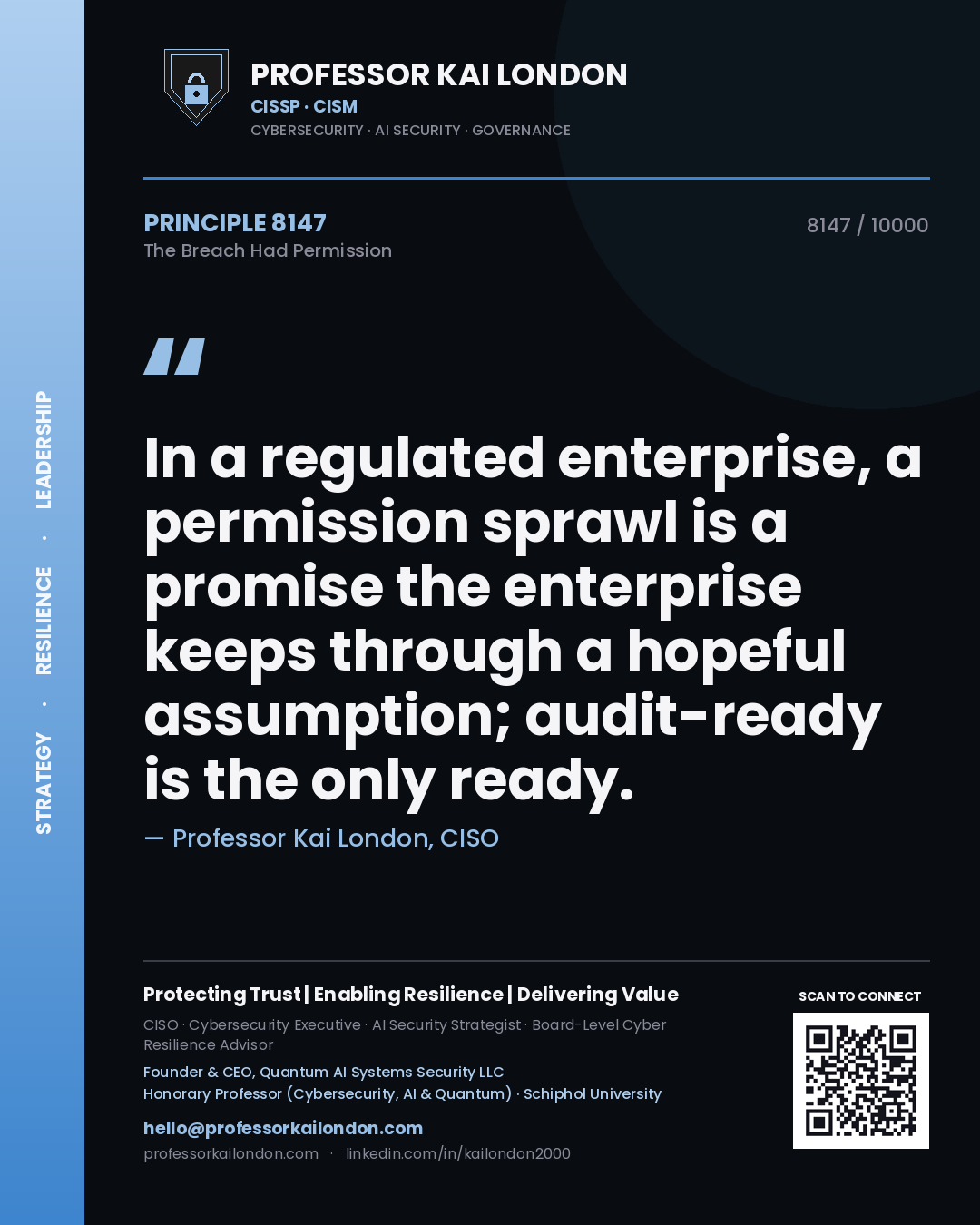 Professor Kai London principle 8147: In a regulated enterprise, a permission sprawl is a promise the enterprise keeps through a hopeful assumption; audit-ready is the only ready.