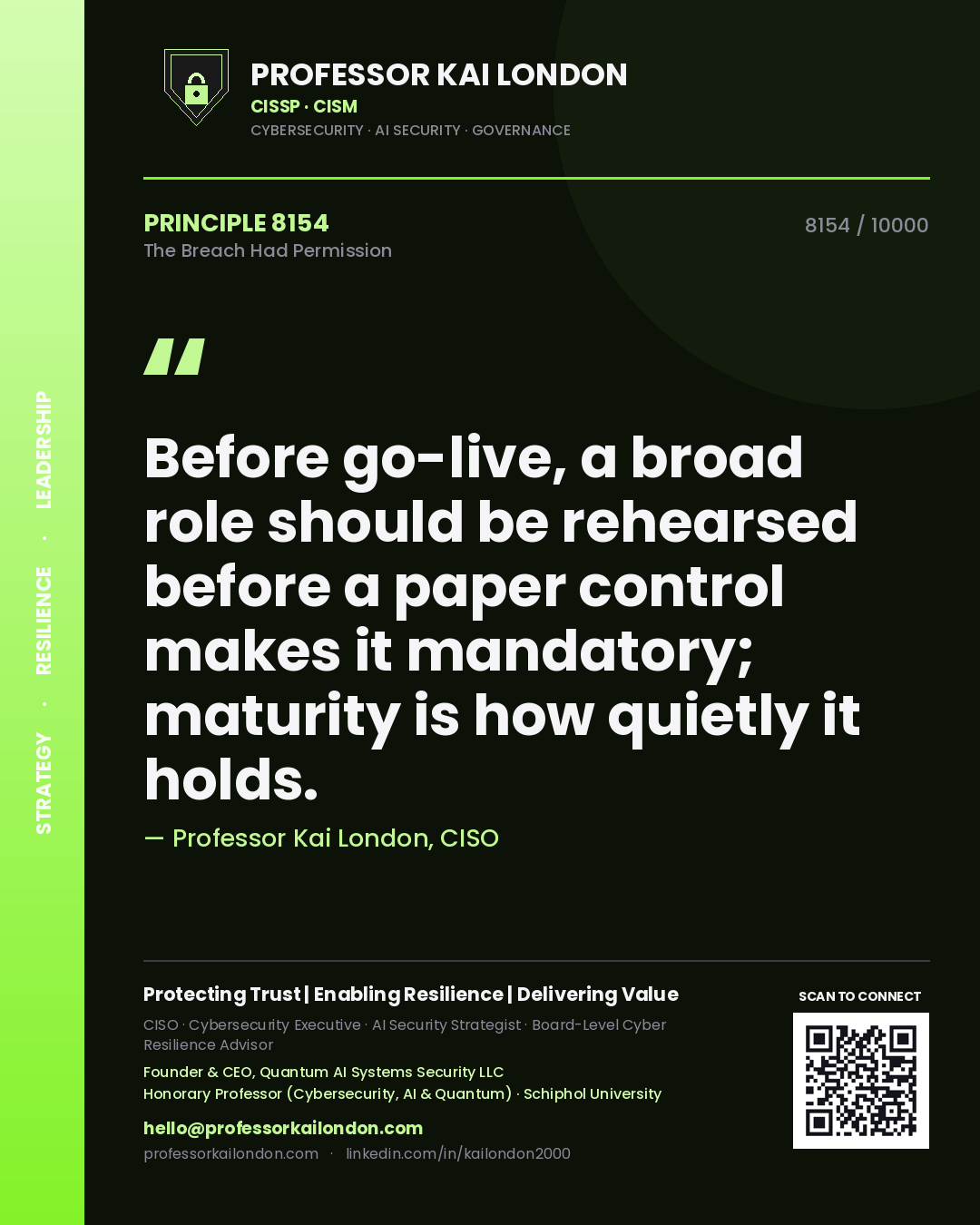 Professor Kai London principle 8154: Before go-live, a broad role should be rehearsed before a paper control makes it mandatory; maturity is how quietly it holds.
