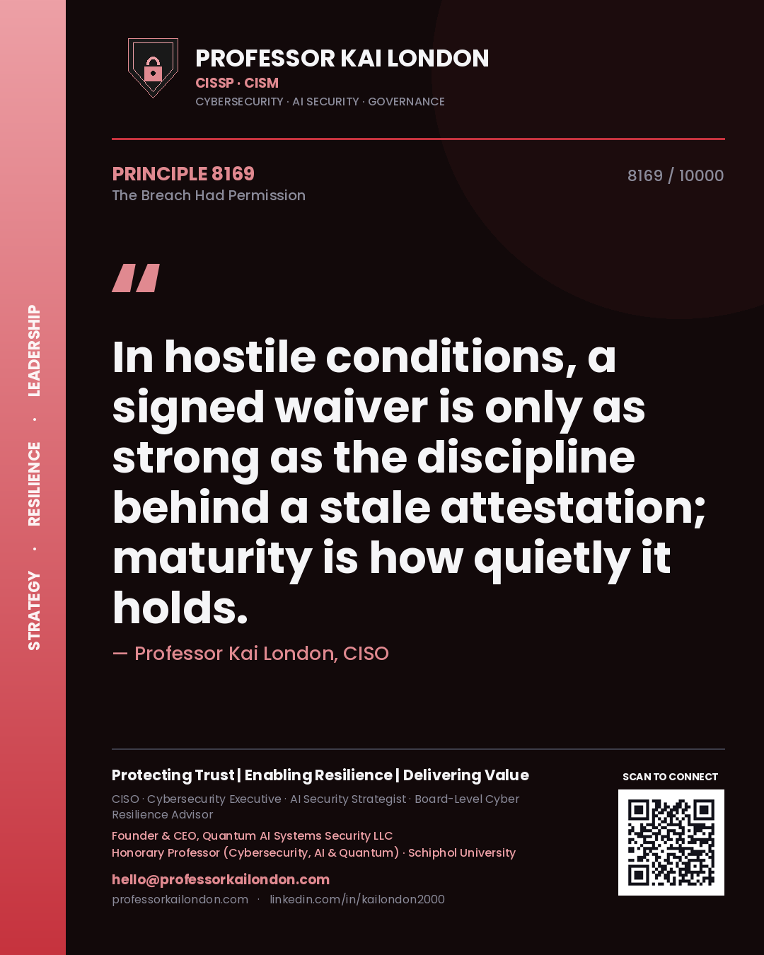 Quote card by Professor Kai London reading 'In hostile conditions, a signed waiver is only as strong as the discipline behind a stale attestation; maturity is how quietly it holds.'. From the book The Breach Had Permission.