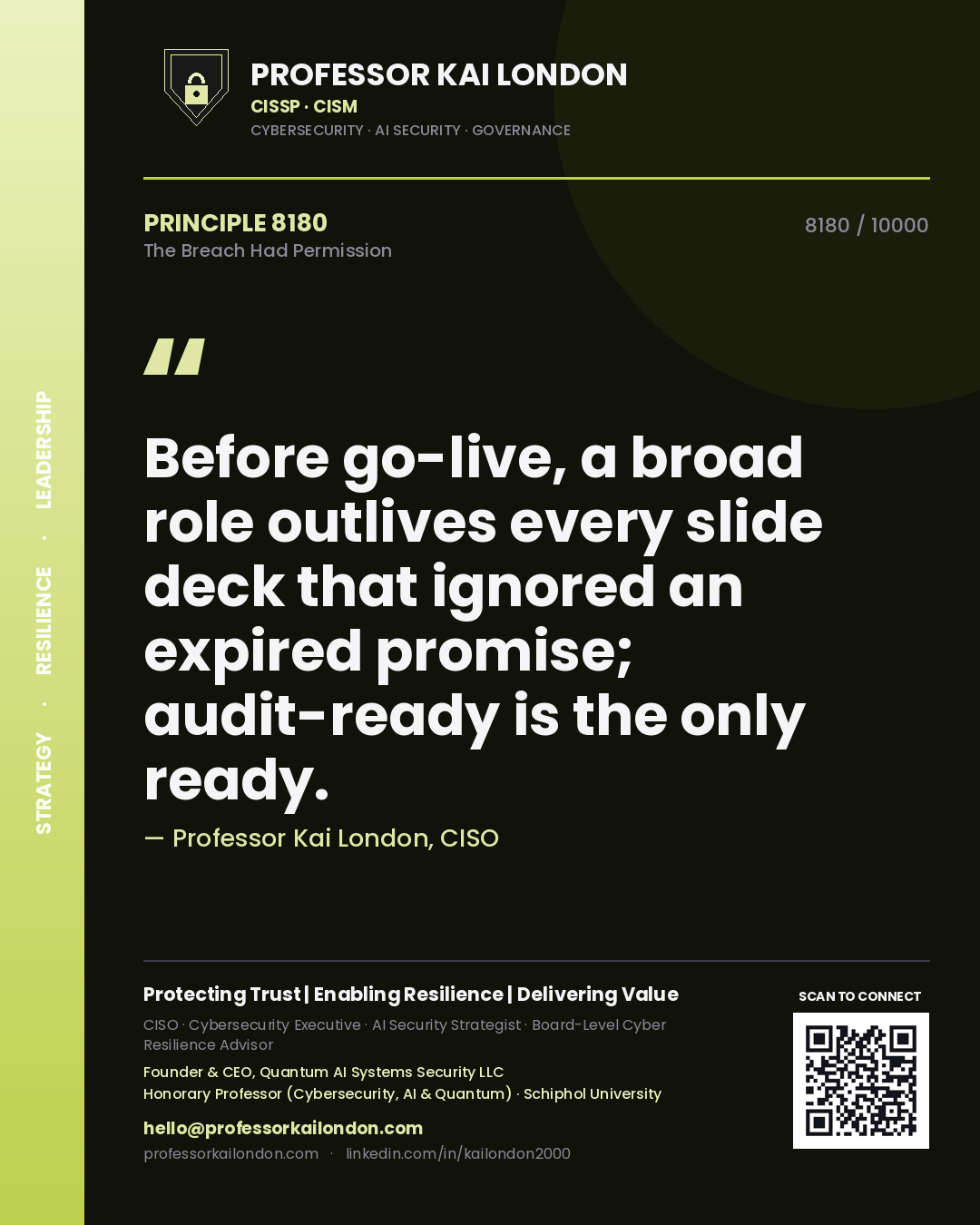 Professor Kai London principle 8180: Before go-live, a broad role outlives every slide deck that ignored an expired promise; audit-ready is the only ready.