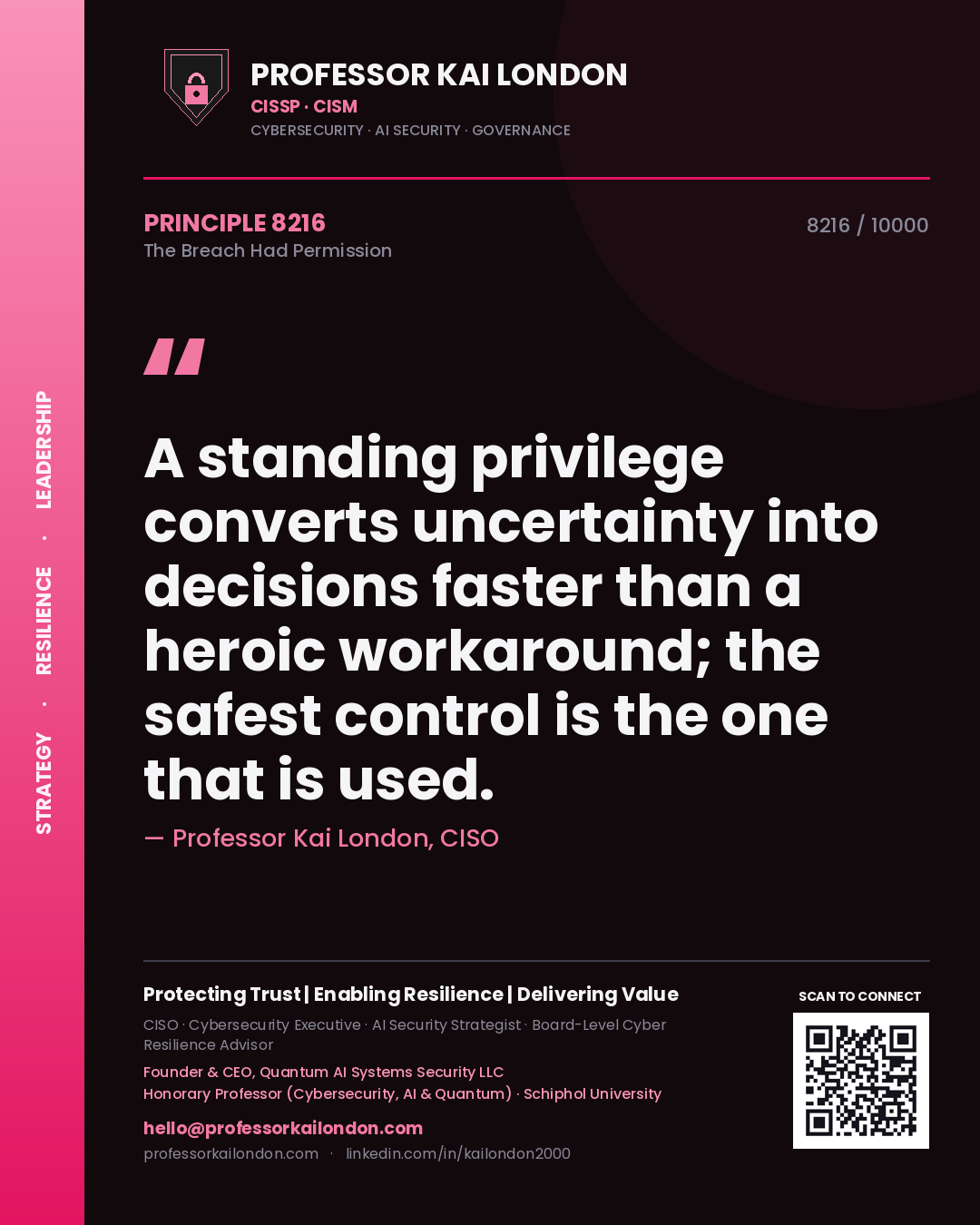 Quote card by Professor Kai London reading 'A standing privilege converts uncertainty into decisions faster than a heroic workaround; the safest control is the one that is used.'. From the book The Breach Had Permission.