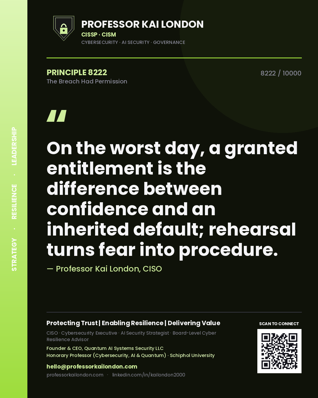 Quote card by Professor Kai London reading 'On the worst day, a granted entitlement is the difference between confidence and an inherited default; rehearsal turns fear into procedure.'. From the book The Breach Had Permission.