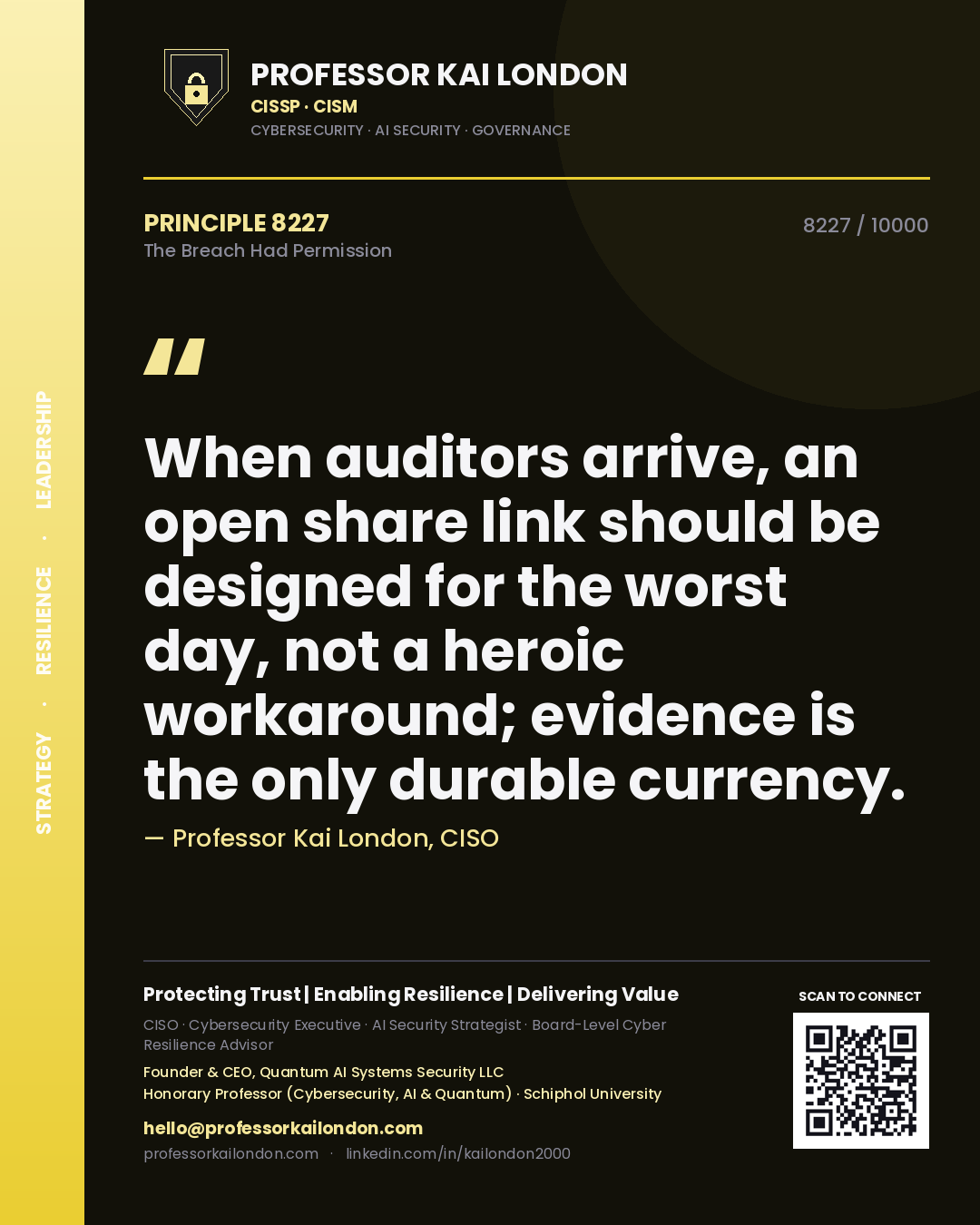 Professor Kai London principle 8227: When auditors arrive, an open share link should be designed for the worst day, not a heroic workaround; evidence is the only durable currency.