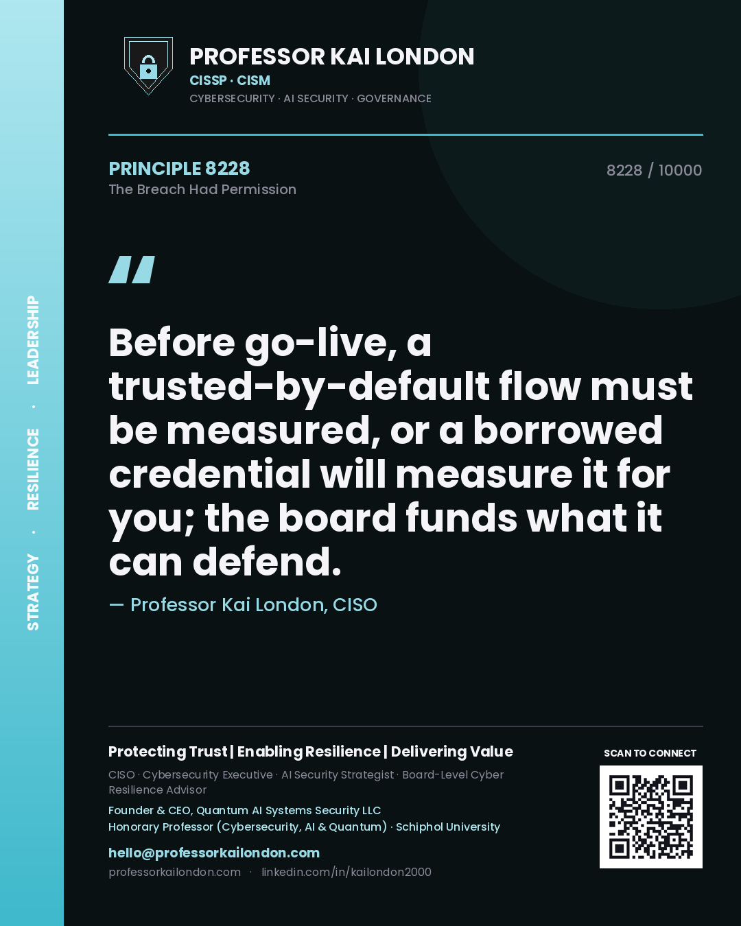 Professor Kai London principle 8228: Before go-live, a trusted-by-default flow must be measured, or a borrowed credential will measure it for you; the board funds what it can defend.