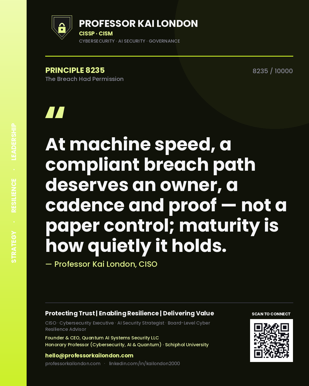 Quote card by Professor Kai London reading 'At machine speed, a compliant breach path deserves an owner, a cadence and proof — not a paper control; maturity is how quietly it holds.'. From the book The Breach Had Permission.