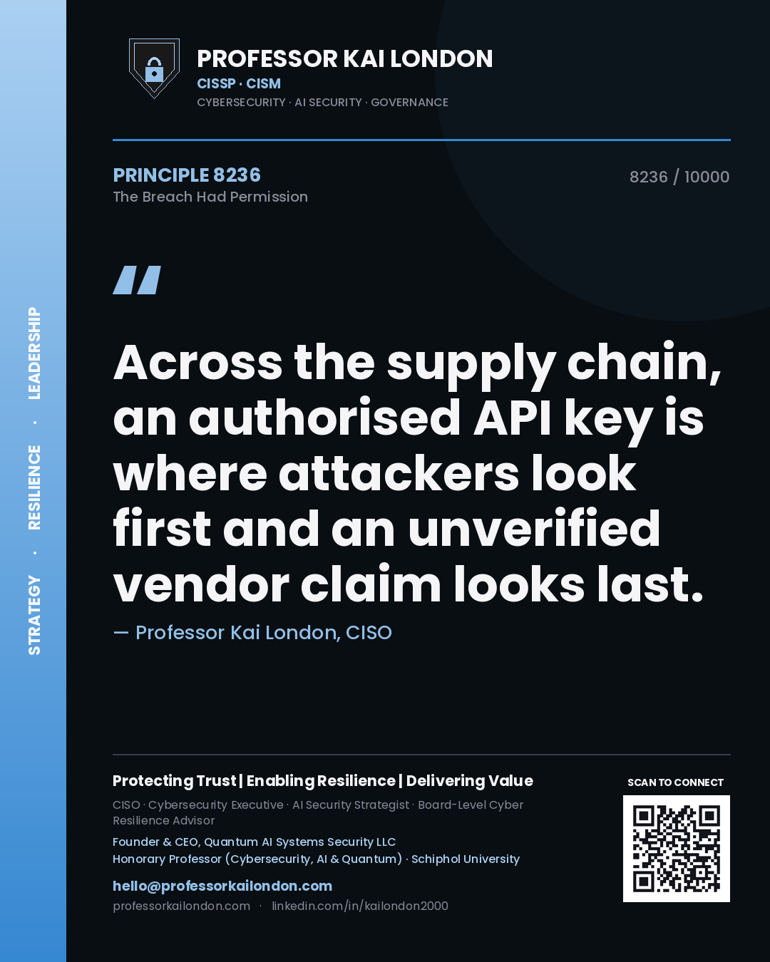 Quote card by Professor Kai London reading 'Across the supply chain, an authorised API key is where attackers look first and an unverified vendor claim looks last.'. From the book The Breach Had Permission.