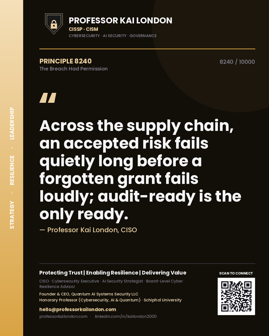 Professor Kai London principle 8240: Across the supply chain, an accepted risk fails quietly long before a forgotten grant fails loudly; audit-ready is the only ready.
