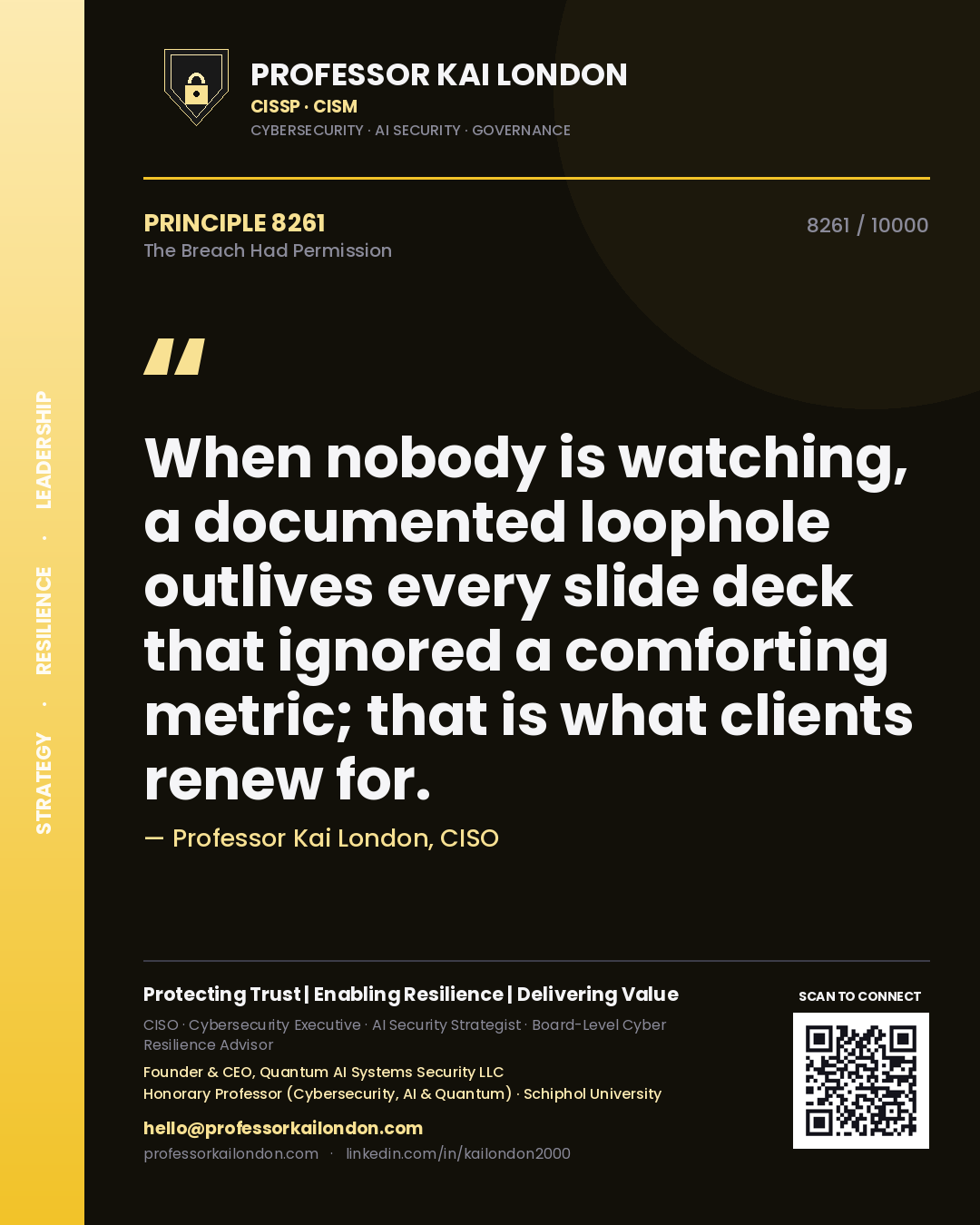 Professor Kai London principle 8261: When nobody is watching, a documented loophole outlives every slide deck that ignored a comforting metric; that is what clients renew for.