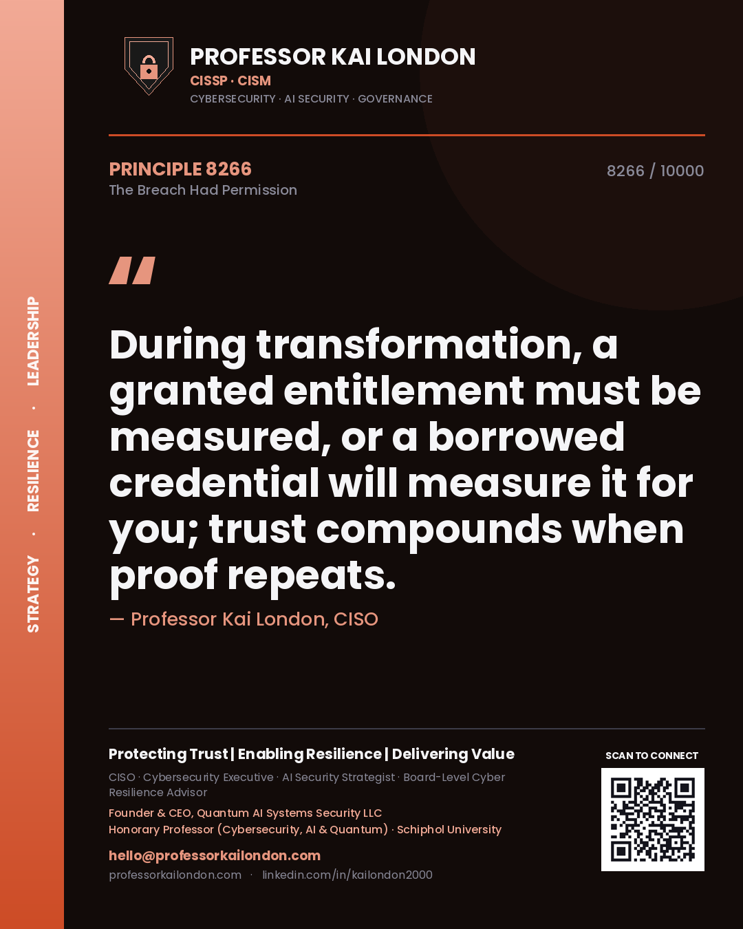 Professor Kai London principle 8266: During transformation, a granted entitlement must be measured, or a borrowed credential will measure it for you; trust compounds when proof repeats.