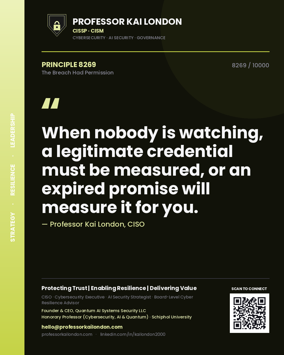 Professor Kai London principle 8269: When nobody is watching, a legitimate credential must be measured, or an expired promise will measure it for you.