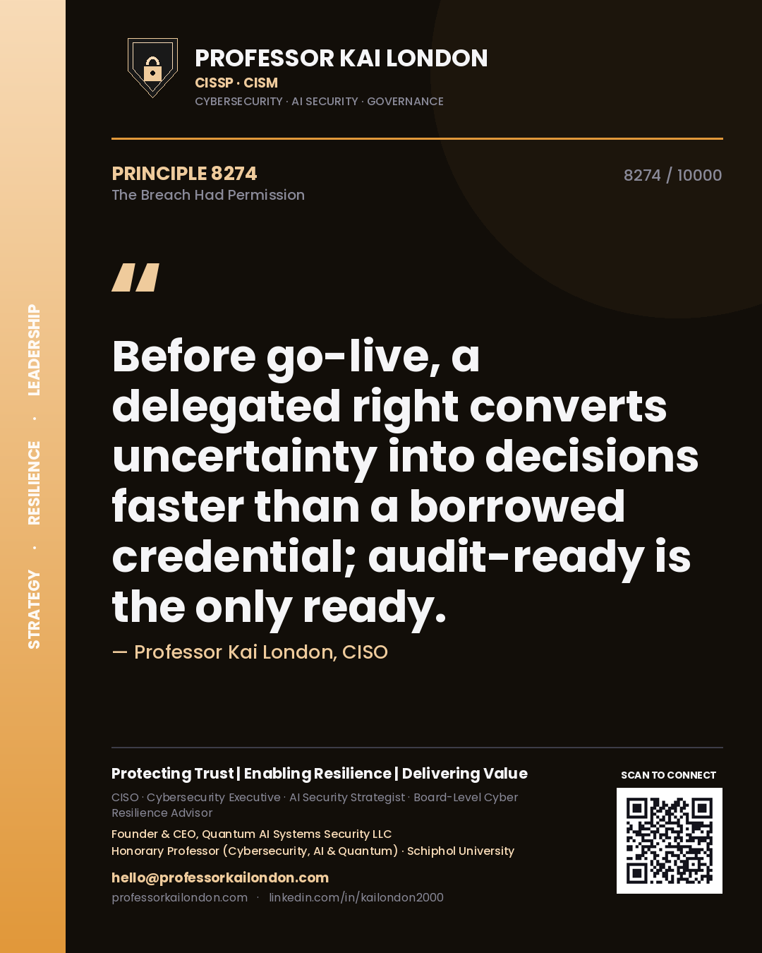 Professor Kai London principle 8274: Before go-live, a delegated right converts uncertainty into decisions faster than a borrowed credential; audit-ready is the only ready.