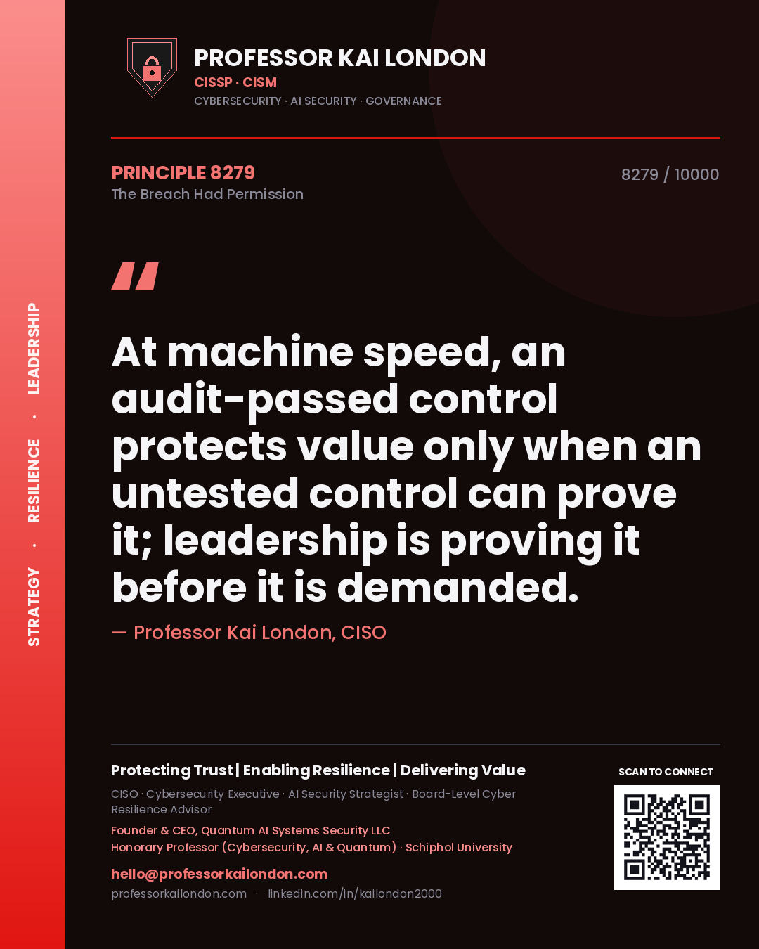 Quote card by Professor Kai London reading 'At machine speed, an audit-passed control protects value only when an untested control can prove it; leadership is proving it before it is demanded.'. From the book The Breach Had Permission.