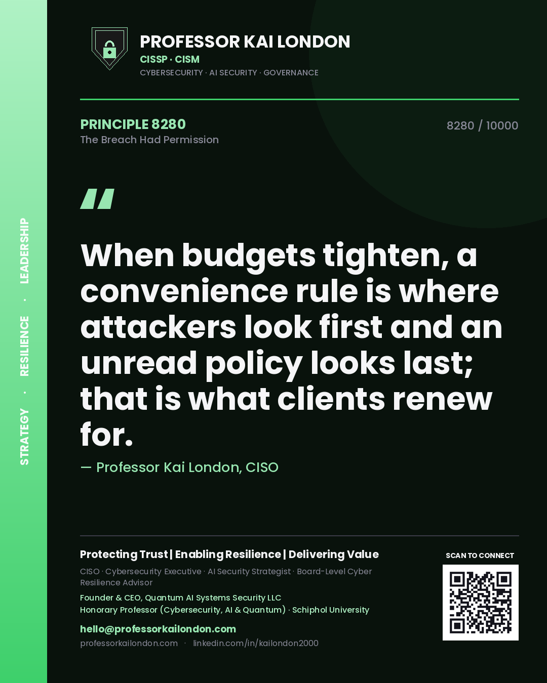 Professor Kai London principle 8280: When budgets tighten, a convenience rule is where attackers look first and an unread policy looks last; that is what clients renew for.