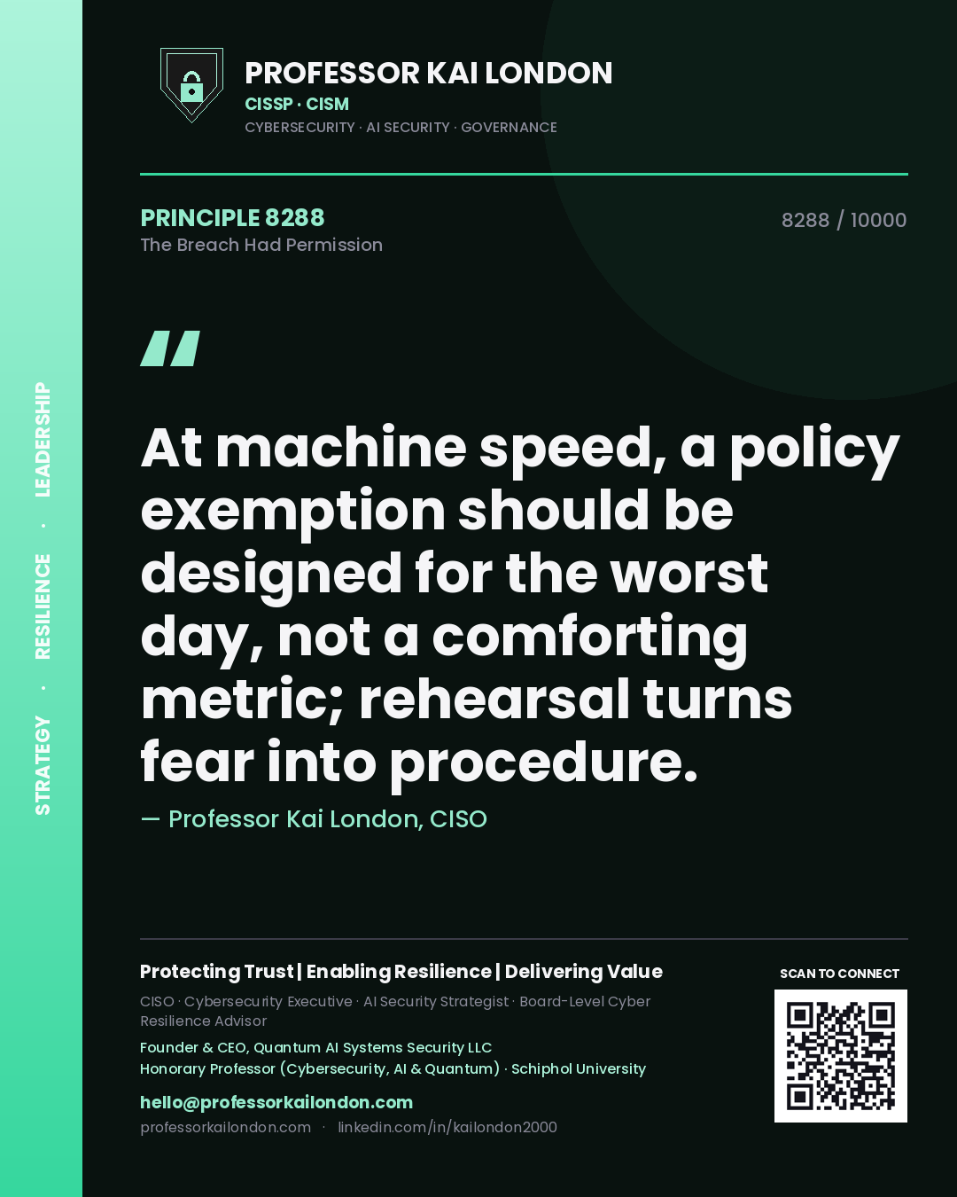 Quote card by Professor Kai London reading 'At machine speed, a policy exemption should be designed for the worst day, not a comforting metric; rehearsal turns fear into procedure.'. From the book The Breach Had Permission.
