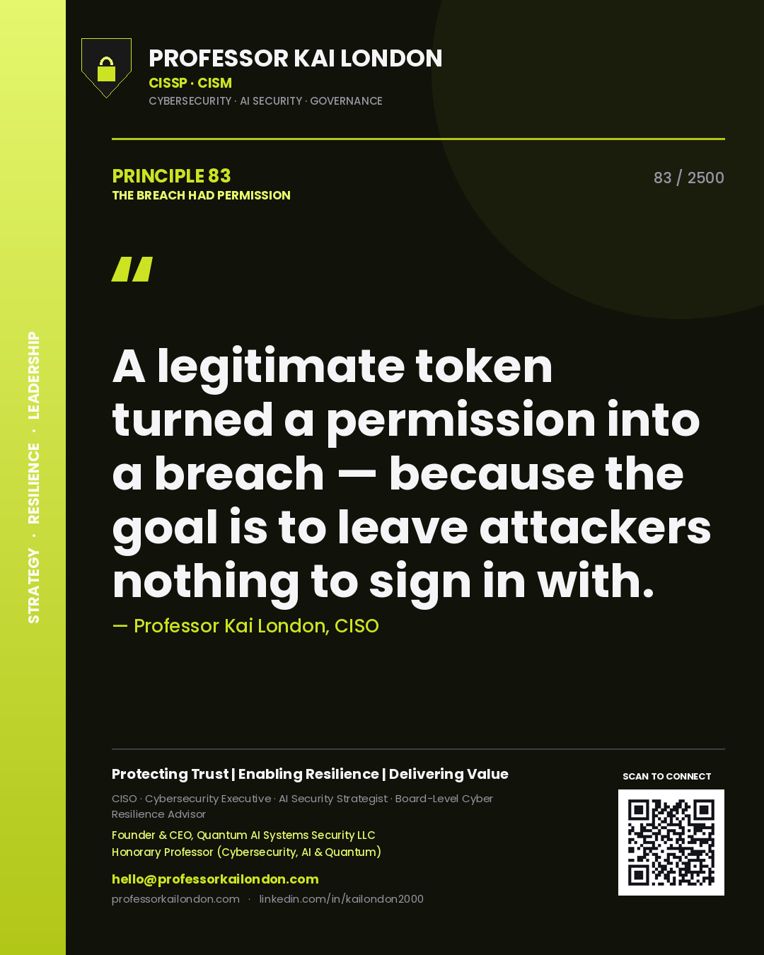 Professor Kai London principle 83: A legitimate token turned a permission into a breach — because the goal is to leave attackers nothing to sign in with.