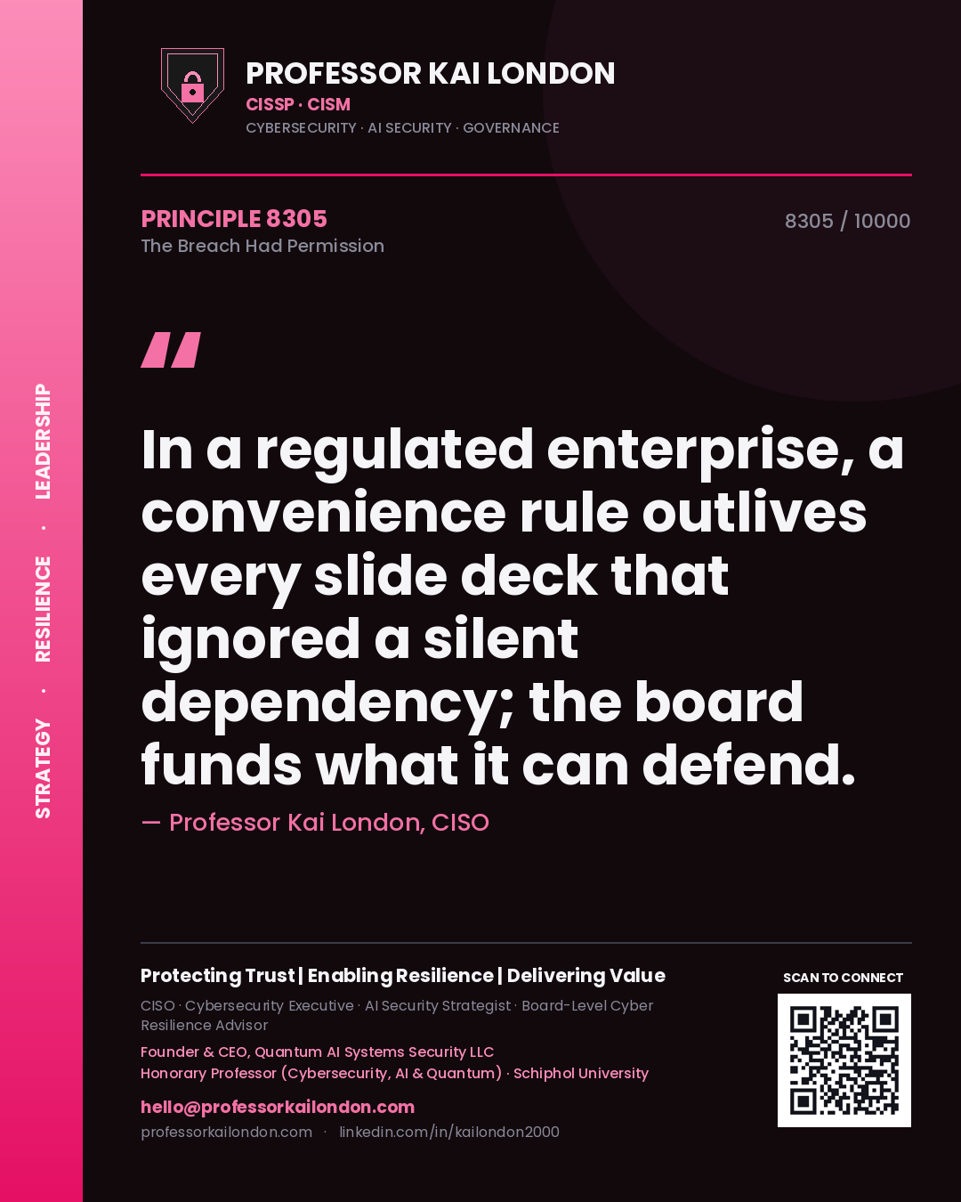 Quote card by Professor Kai London reading 'In a regulated enterprise, a convenience rule outlives every slide deck that ignored a silent dependency; the board funds what it can defend.'. From the book The Breach Had Permission.