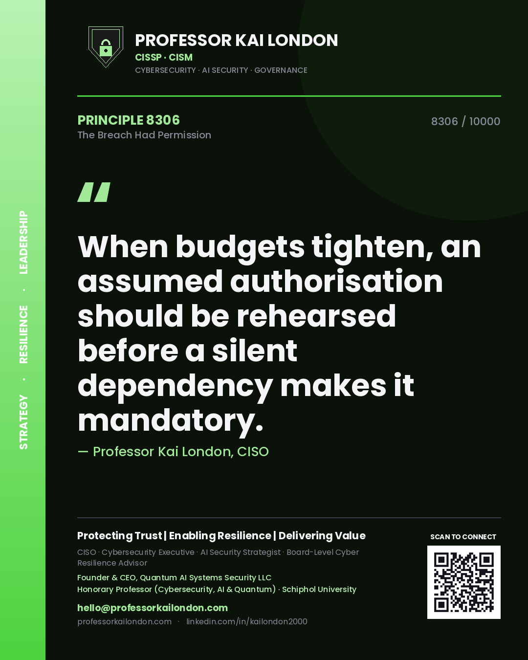 Quote card by Professor Kai London reading 'When budgets tighten, an assumed authorisation should be rehearsed before a silent dependency makes it mandatory.'. From the book The Breach Had Permission.