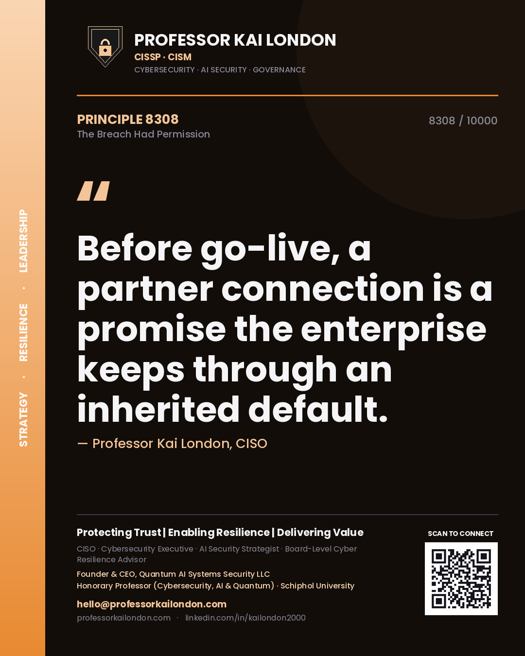 Professor Kai London principle 8308: Before go-live, a partner connection is a promise the enterprise keeps through an inherited default.