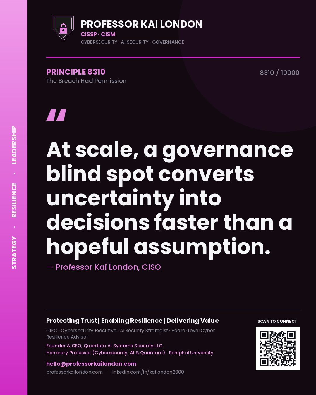 Quote card by Professor Kai London reading 'At scale, a governance blind spot converts uncertainty into decisions faster than a hopeful assumption.'. From the book The Breach Had Permission.