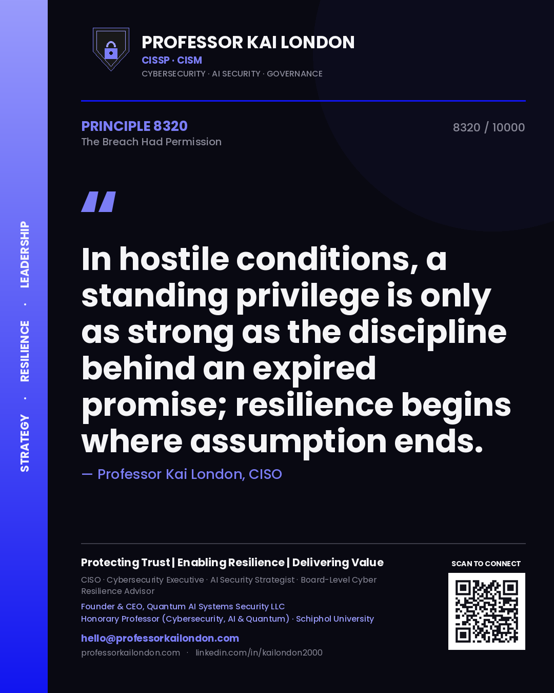 Quote card by Professor Kai London reading 'In hostile conditions, a standing privilege is only as strong as the discipline behind an expired promise; resilience begins where assumption ends.'. From the book The Breach Had Permission.