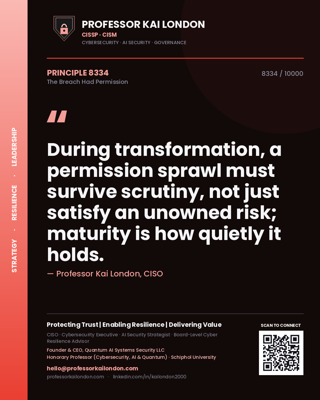 Professor Kai London principle 8334: During transformation, a permission sprawl must survive scrutiny, not just satisfy an unowned risk; maturity is how quietly it holds.