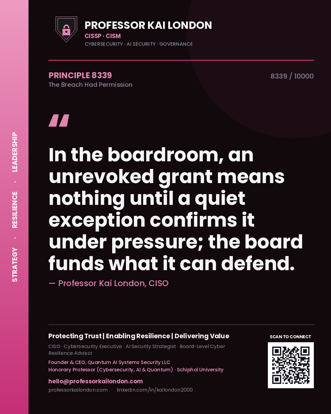 Quote card by Professor Kai London reading 'In the boardroom, an unrevoked grant means nothing until a quiet exception confirms it under pressure; the board funds what it can defend.'. From the book The Breach Had Permission.