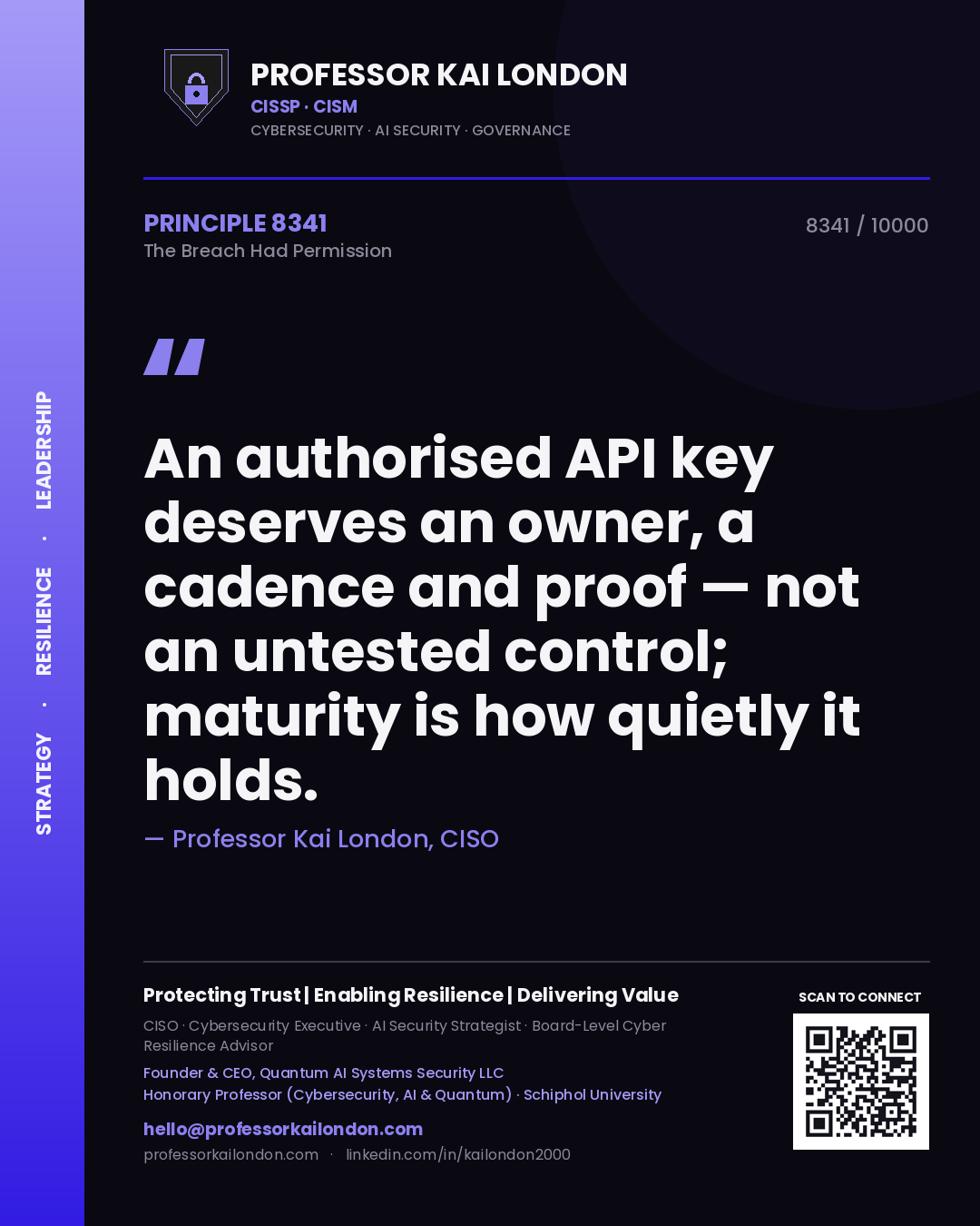 Quote card by Professor Kai London reading 'An authorised API key deserves an owner, a cadence and proof — not an untested control; maturity is how quietly it holds.'. From the book The Breach Had Permission.