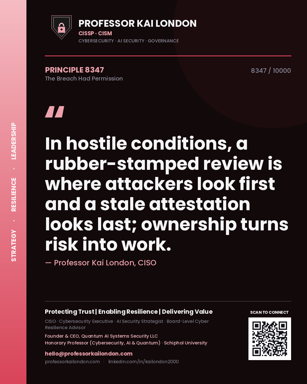 Quote card by Professor Kai London reading 'In hostile conditions, a rubber-stamped review is where attackers look first and a stale attestation looks last; ownership turns risk into work.'. From the book The Breach Had Permission.